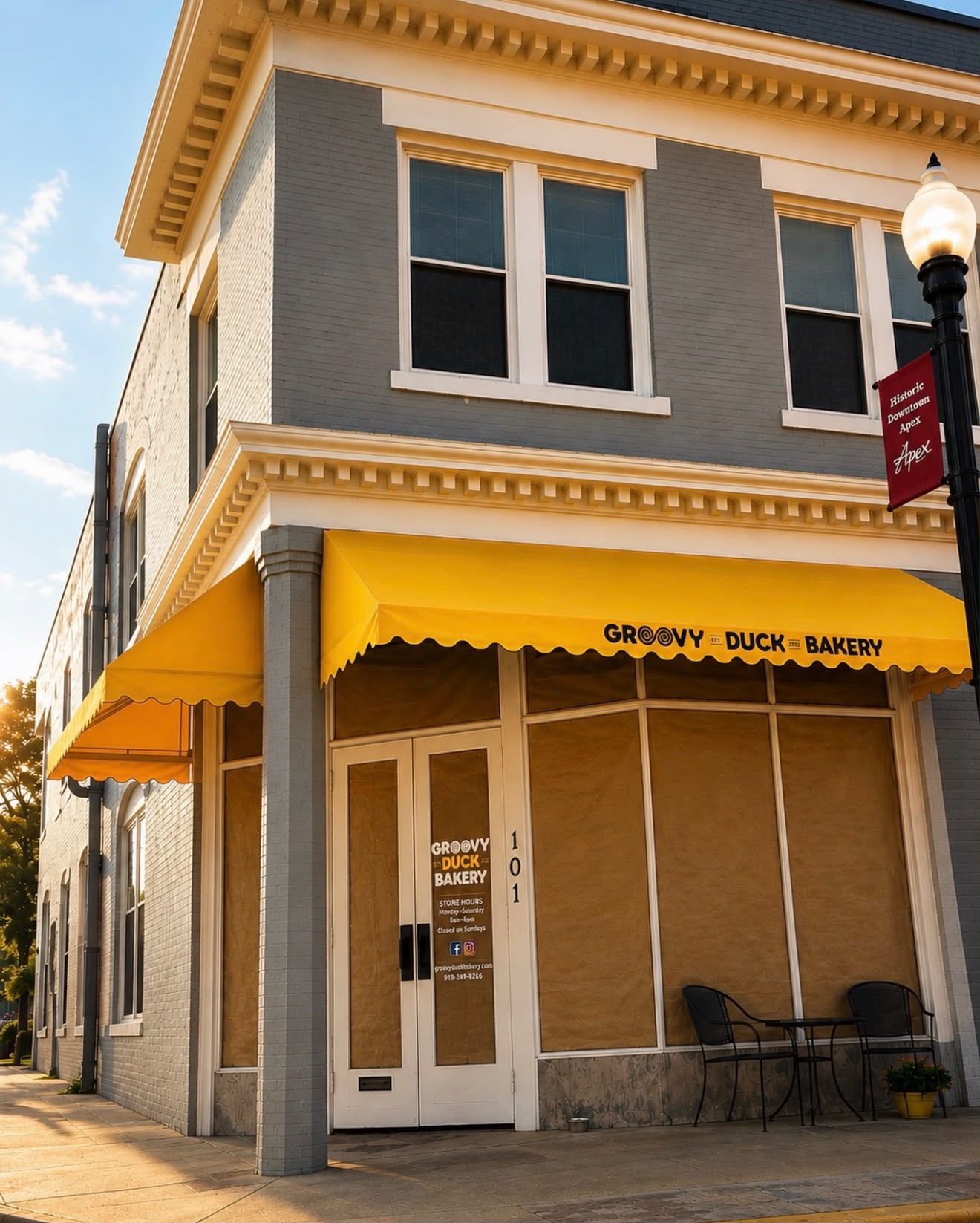 Groovy Duck Bakery Apex storefront 101 N Salem St Groovy Duck Bakery storefront with yellow awning at 101 N Salem St in Downtown Apex, NC